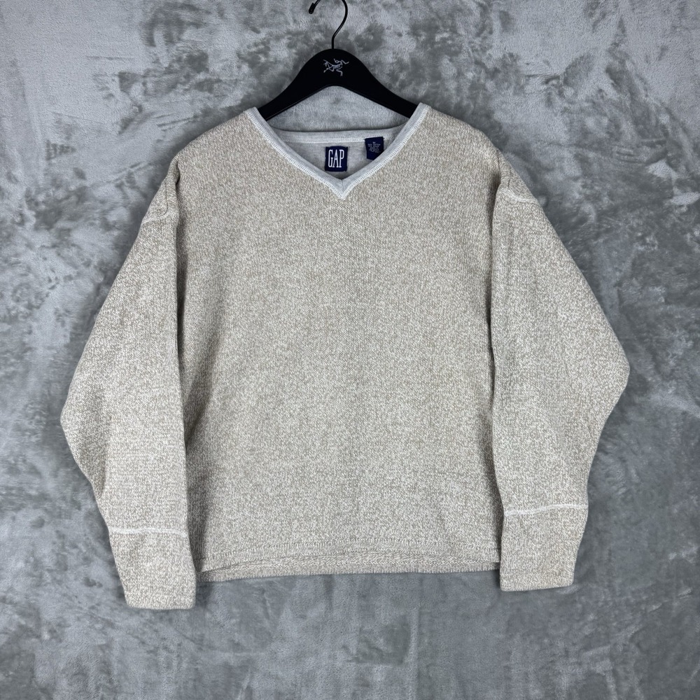 Vintage GAP Longsleeve Crew V-Neck Sweatshirt Beige Mens Medium Y2K Utility